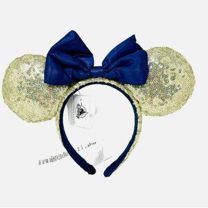 Walt Disney World 50th Anniversary Sequined Gold With Blue Bow Ears Headband